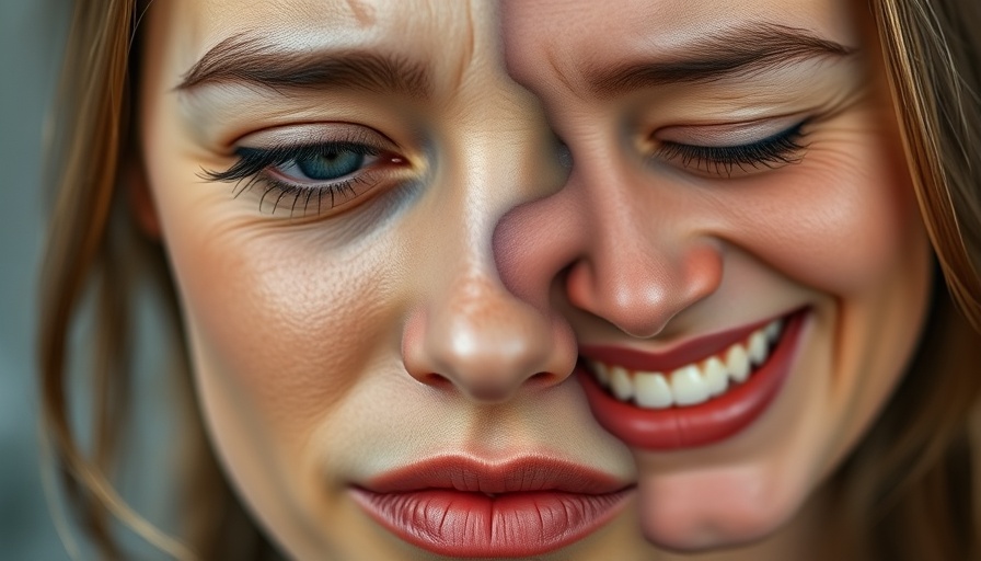 Emotional transformation in women's beauty techniques, split-screen face.