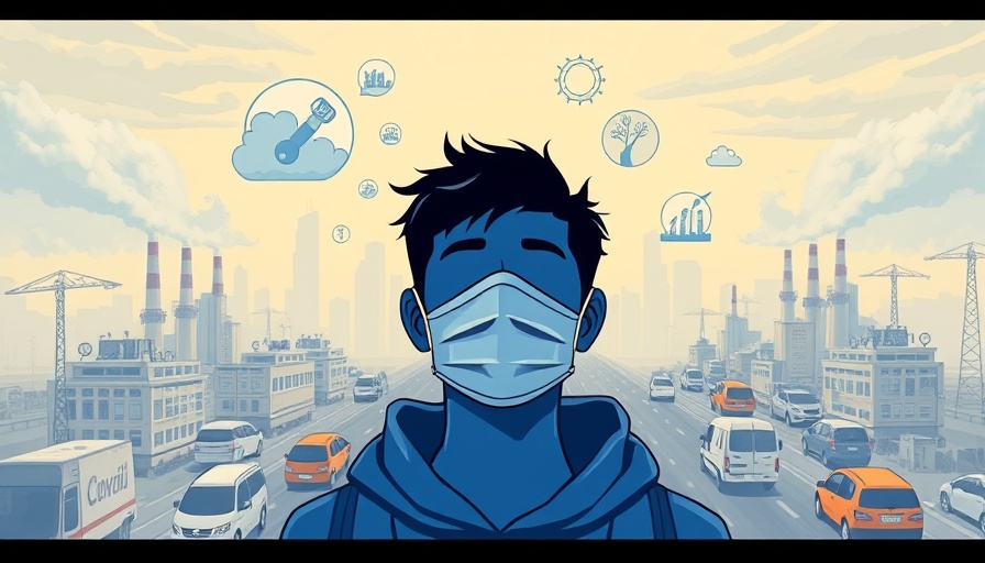 Illustration showing air pollution affecting health with a silhouette wearing a mask.
