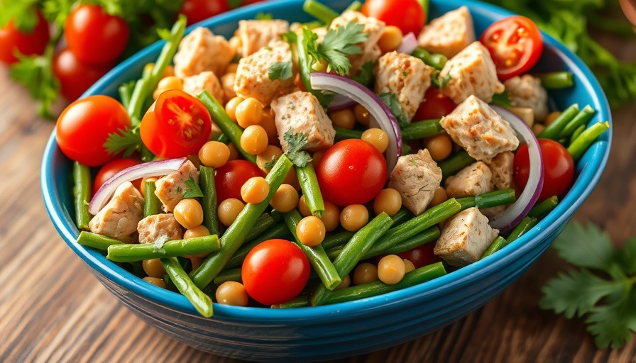 Green Bean Chickpea Salad with chicken in a blue bowl.