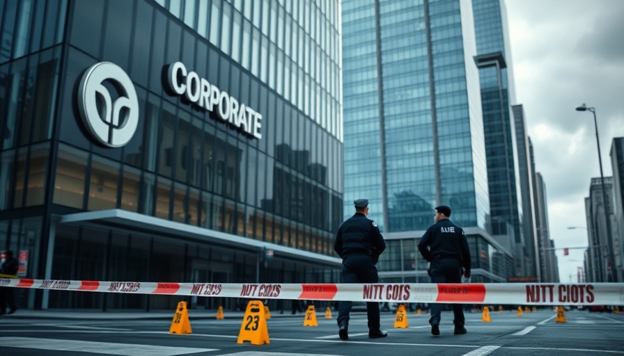 Corporate building and police scene, highlighting corporate silence in healthcare industry.