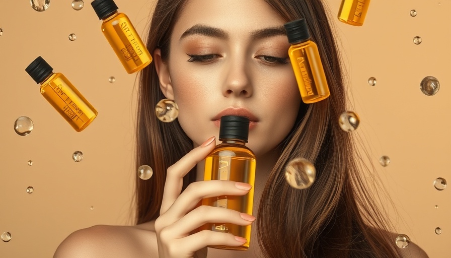 Woman holding body oil for glowing skin, minimalist design.