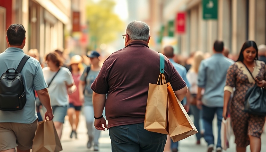 Group walking on street, focus on obesity, urban scene.