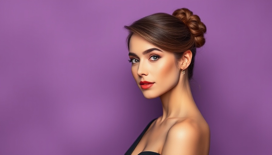 Elegant woman with updo hairstyle posing against a purple backdrop.
