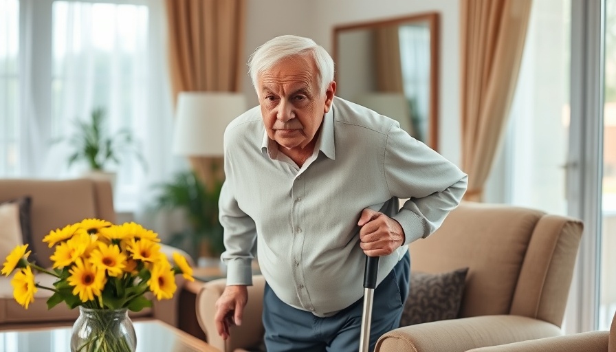 Elderly man with cane standing up, Sit and Rise Test Longevity illustration.