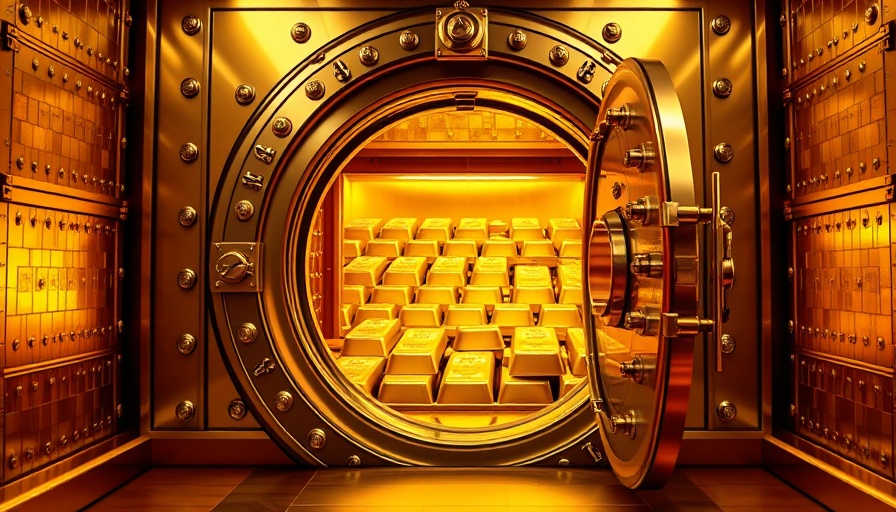 Golden bank vault with open door showcasing gold bars.