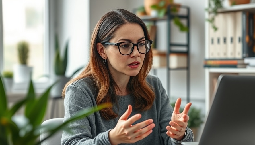 Woman discusses a serious topic in a home office, Munchausen by Proxy case.
