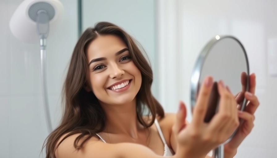 Young woman feeling good and looking great in front of a mirror.