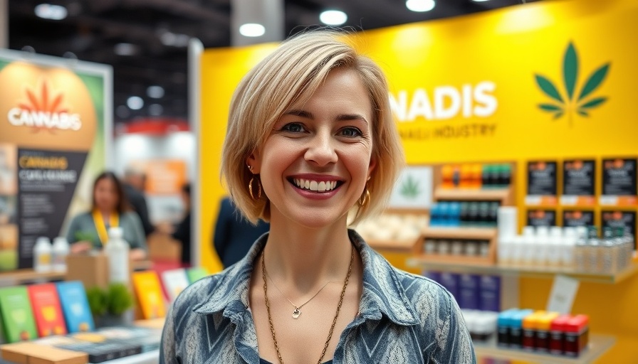 Cheerful woman at cannabis industry event in Baltimore booth.