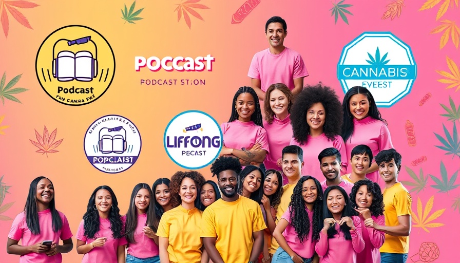 Cannabis industry podcast graphic with diverse hosts and logos.