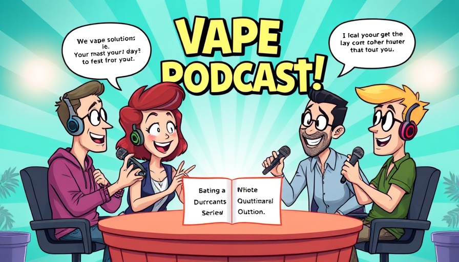 Podcast hosts discuss clogged vapes solutions, vibrant background.