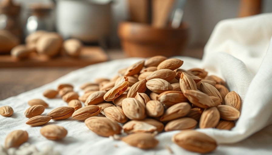 Close-up of broken almond shells on white cloth for homemade almond extract.