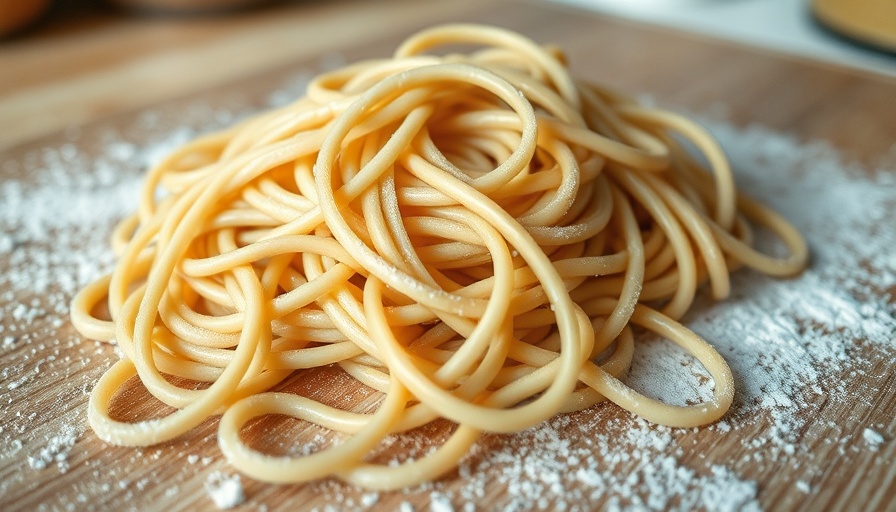 Homemade soba noodles intricately tangled, close-up view.