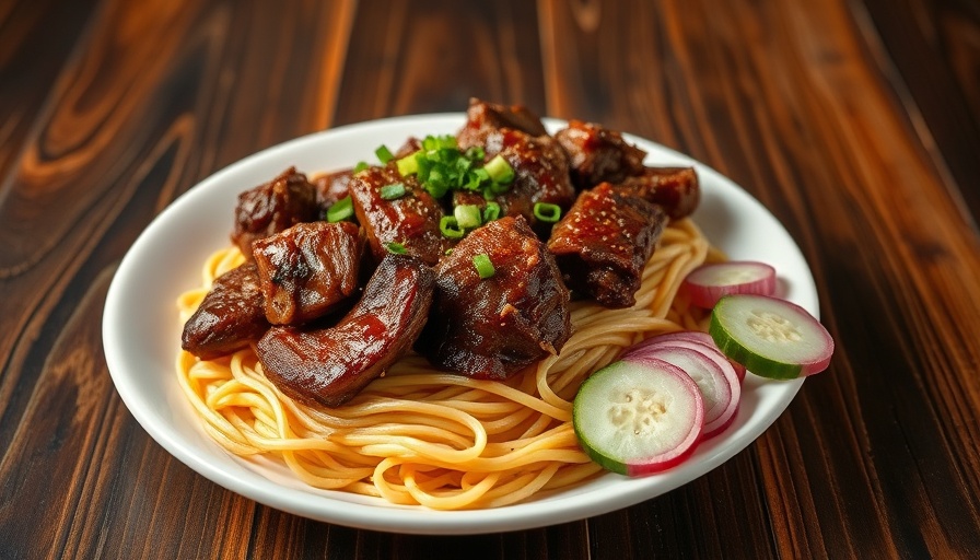 Braised pork shoulder with noodles and cucumbers on a plate.
