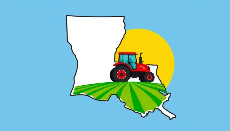 Illustration of Louisiana with tractor and farmland, highlighting need for new Farm Bill.