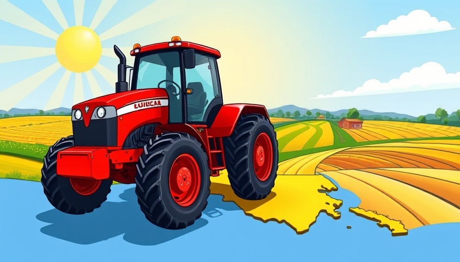 Illustration of a red tractor on Louisiana map with sun and farmland.