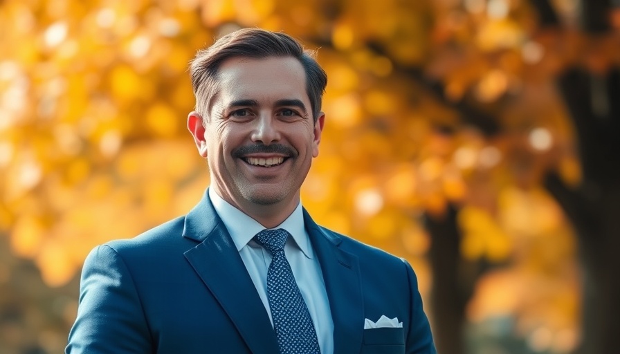 Professional man smiling in a blue suit with a leafy background.