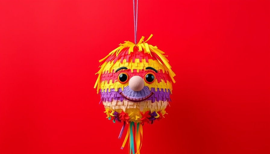 Piñata with unknown face on red background.