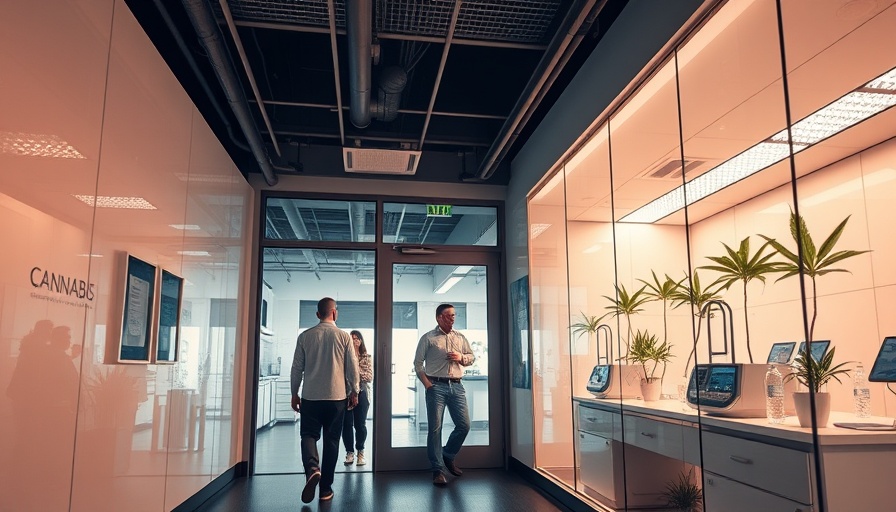 Modern cannabis testing lab exit with people leaving.