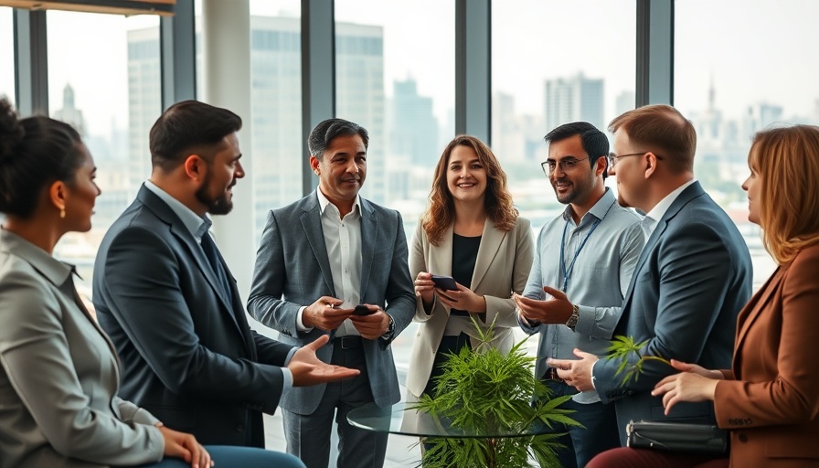 Professionals debating cannabis legalization in a modern office.