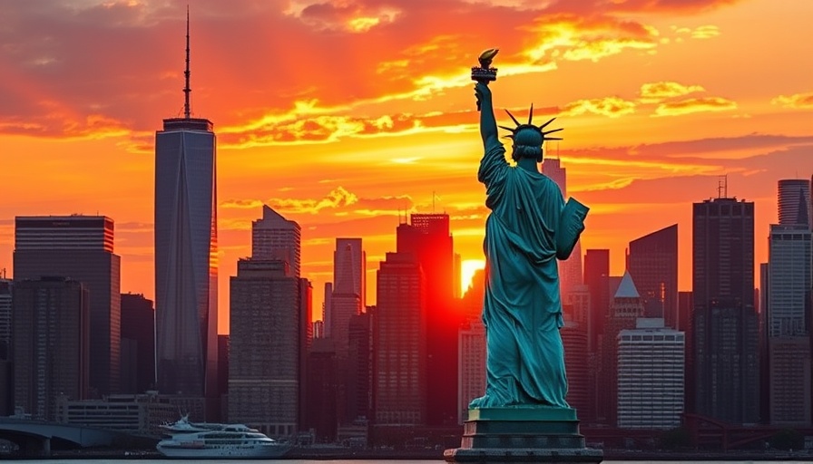 New York City skyline with Statue of Liberty during sunset.