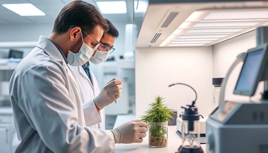 Scientists analyzing cannabis in a lab, clean environment