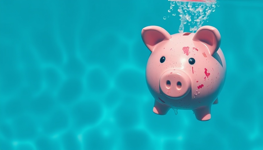Distressed pink piggy bank submerged in water, symbolizing financial issues.