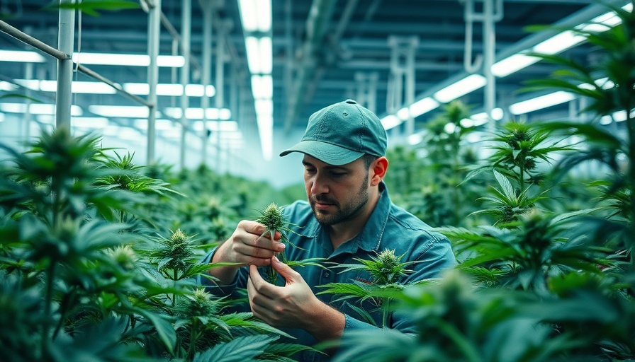 Worker inspecting cannabis plants in Delaware, focused on adult-use marijuana sales.
