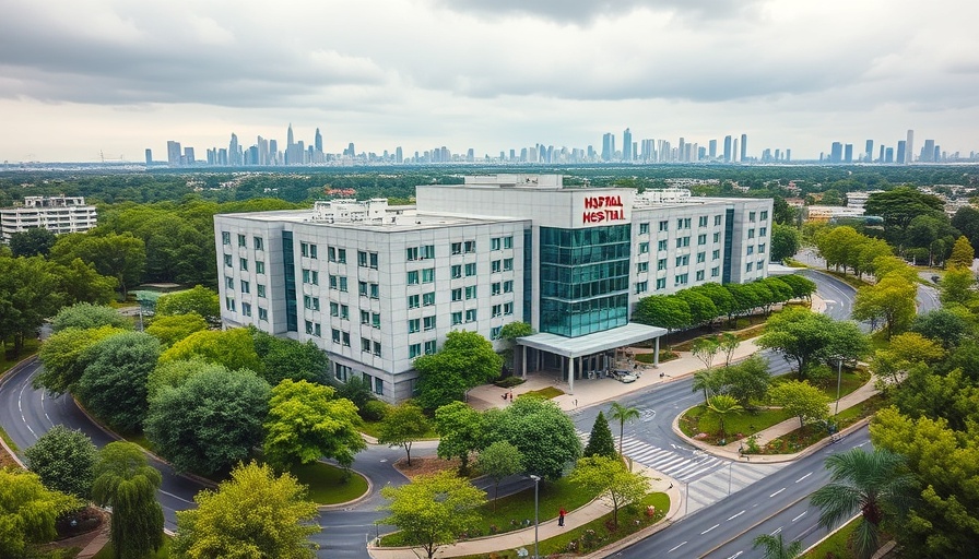 Modern hospital building with greenery and city backdrop.