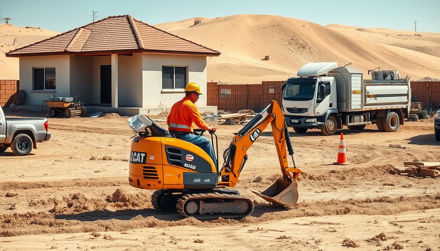 Construction site with worker, excavator, new homes in Maricopa.