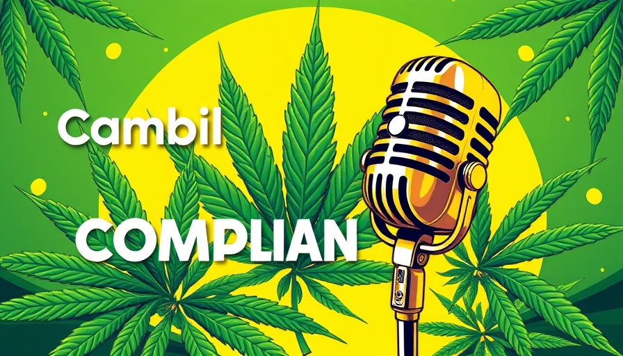 Graphic featuring cannabis compliance theme with microphone and leaves.