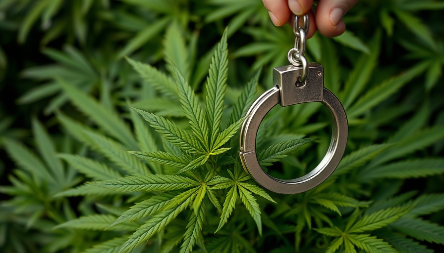 Cannabis leaves with handcuffs symbolizing legal issues