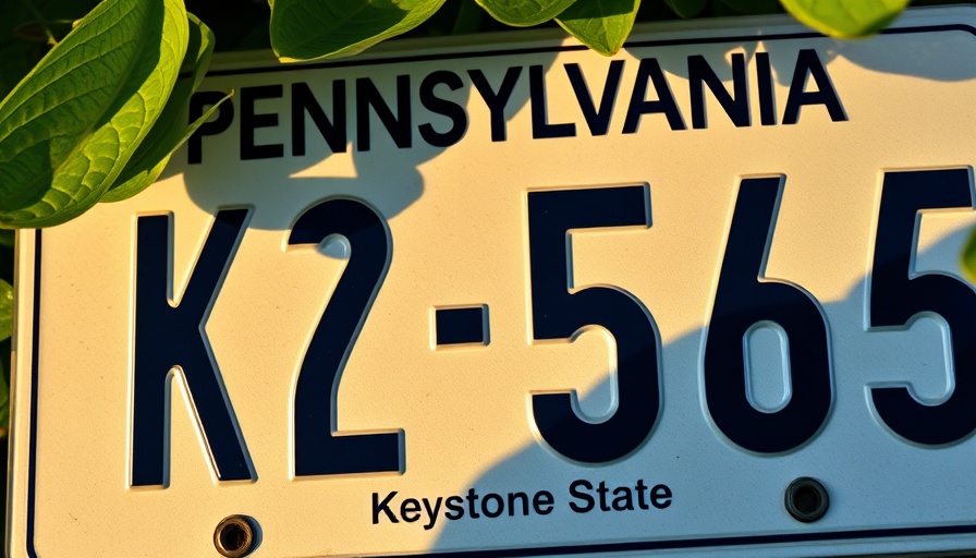 Close-up Pennsylvania license plate against leafy background.