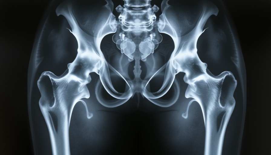 X-ray of hip joint with OA, focusing on bone structure.