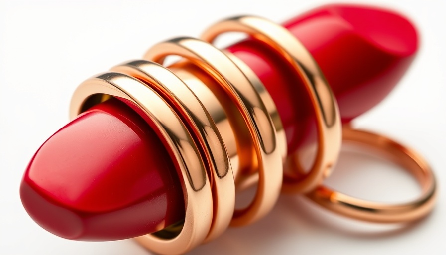 Luxurious new beauty products: red lipstick wrapped in copper rings.