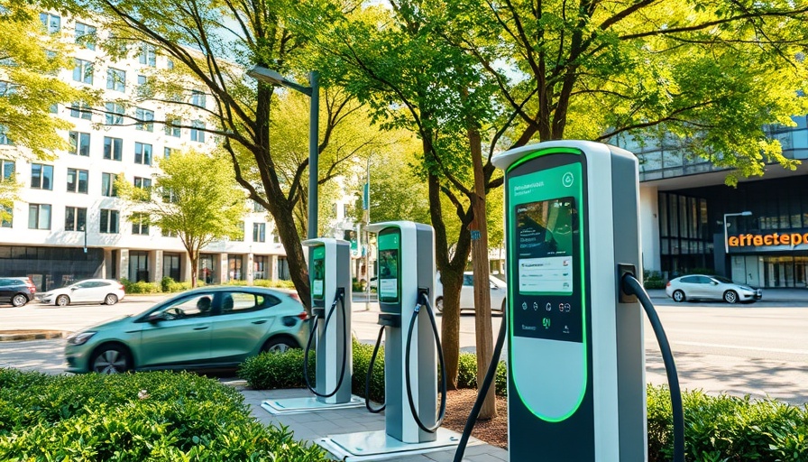 Modern electric vehicle charging station with payment interface in urban area.