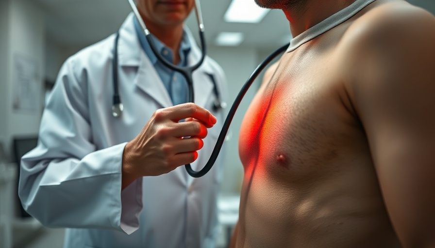 Doctor examines patient with stethoscope in clinical setting.