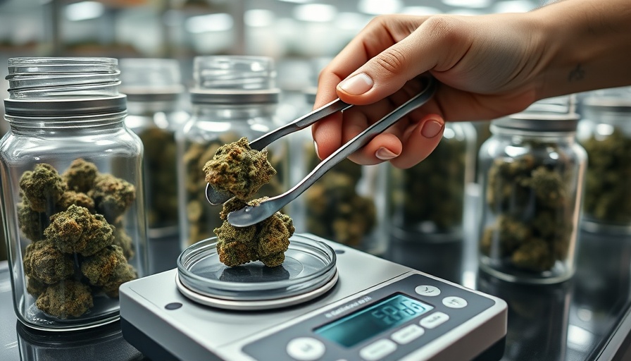 Weighing cannabis buds for Delaware cannabis sales in dispensary setting.