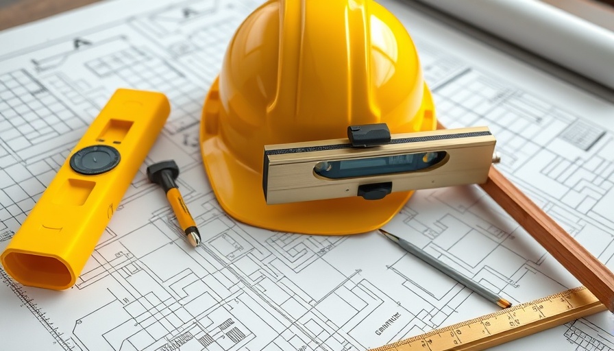 Hemp-Based Construction blueprint with hard hat and tools.