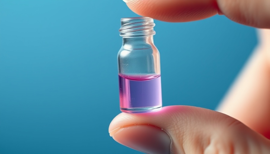 Close-up of a vial with light purple liquid on blue background.