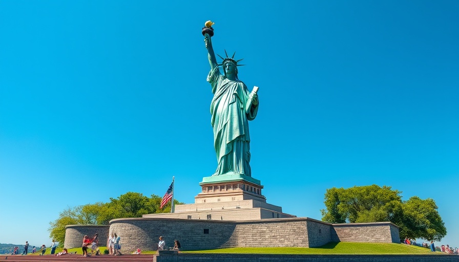 Statue of Liberty on Liberty Island, bright sunny day, cannabis industry news.