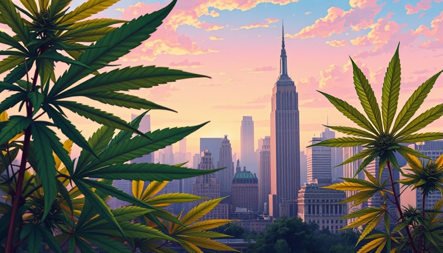 Cartoon cityscape of New York with cannabis leaves, colorful skyline.