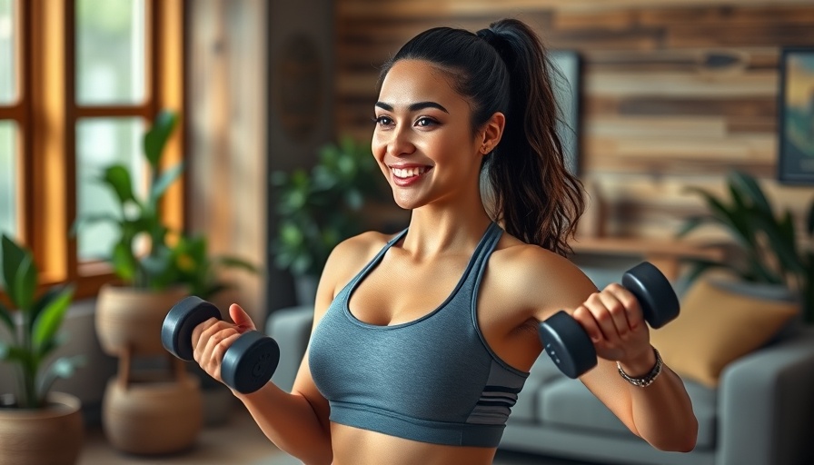 Fit woman doing 20-minute upper body sculpt workout in cozy living room.