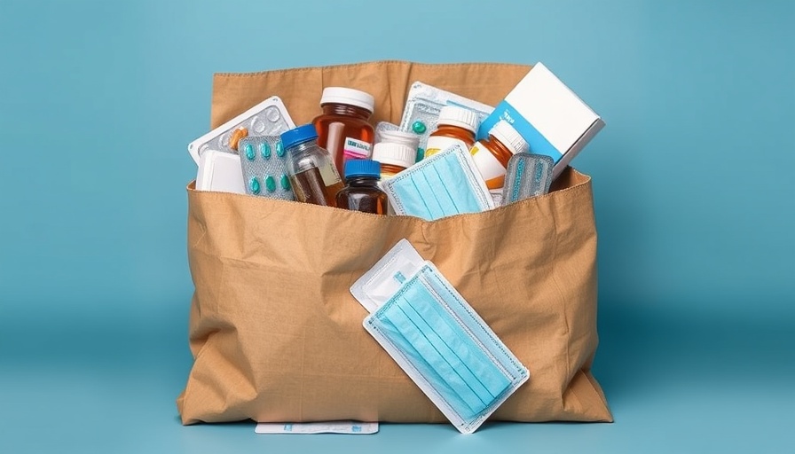 E-pharmacy concept with medical supplies and masks, telemedicine setting.