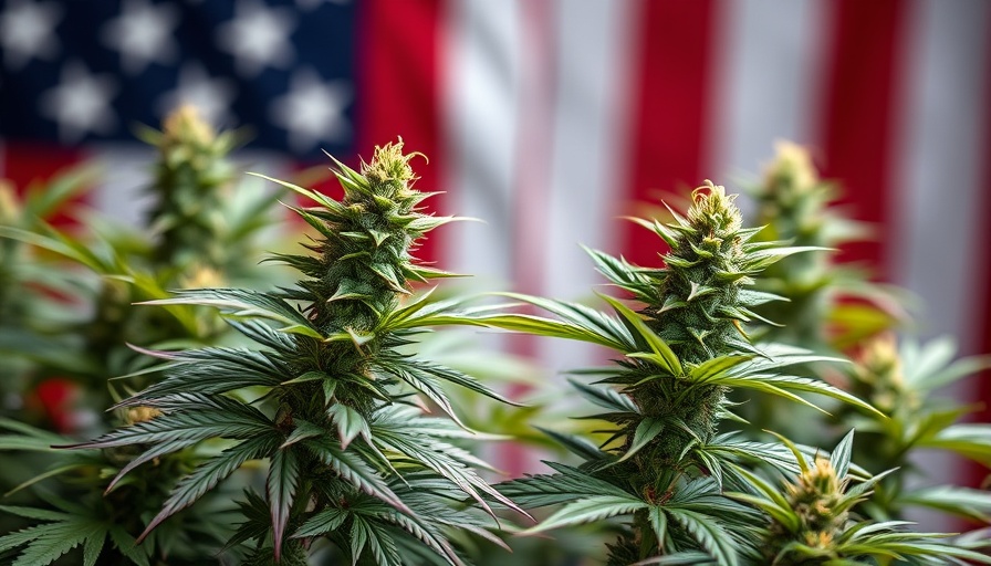 Cannabis plants with American flag backdrop, symbolizing rescheduling.