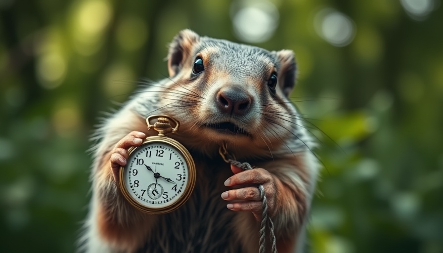 Groundhog holding pocket watch in forest, detailed fur and natural setting.