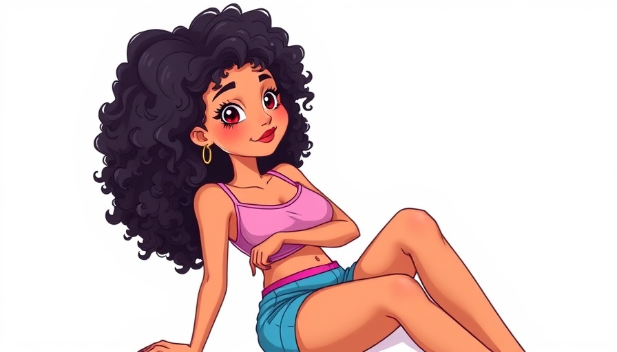 Cartoon woman with curly hair seated casually, vibrant illustration.