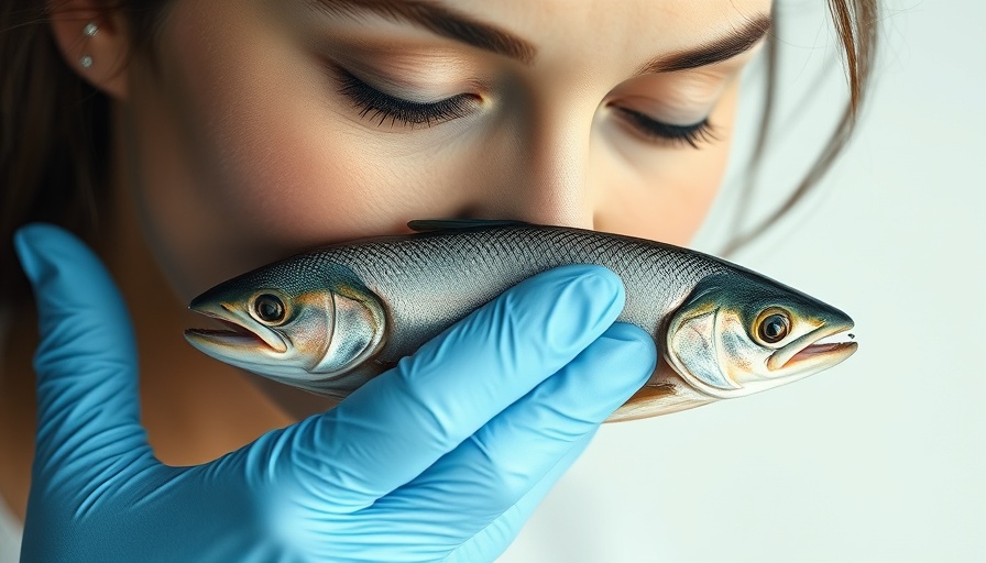Woman with salmon fish near face, concept of beauty treatment.