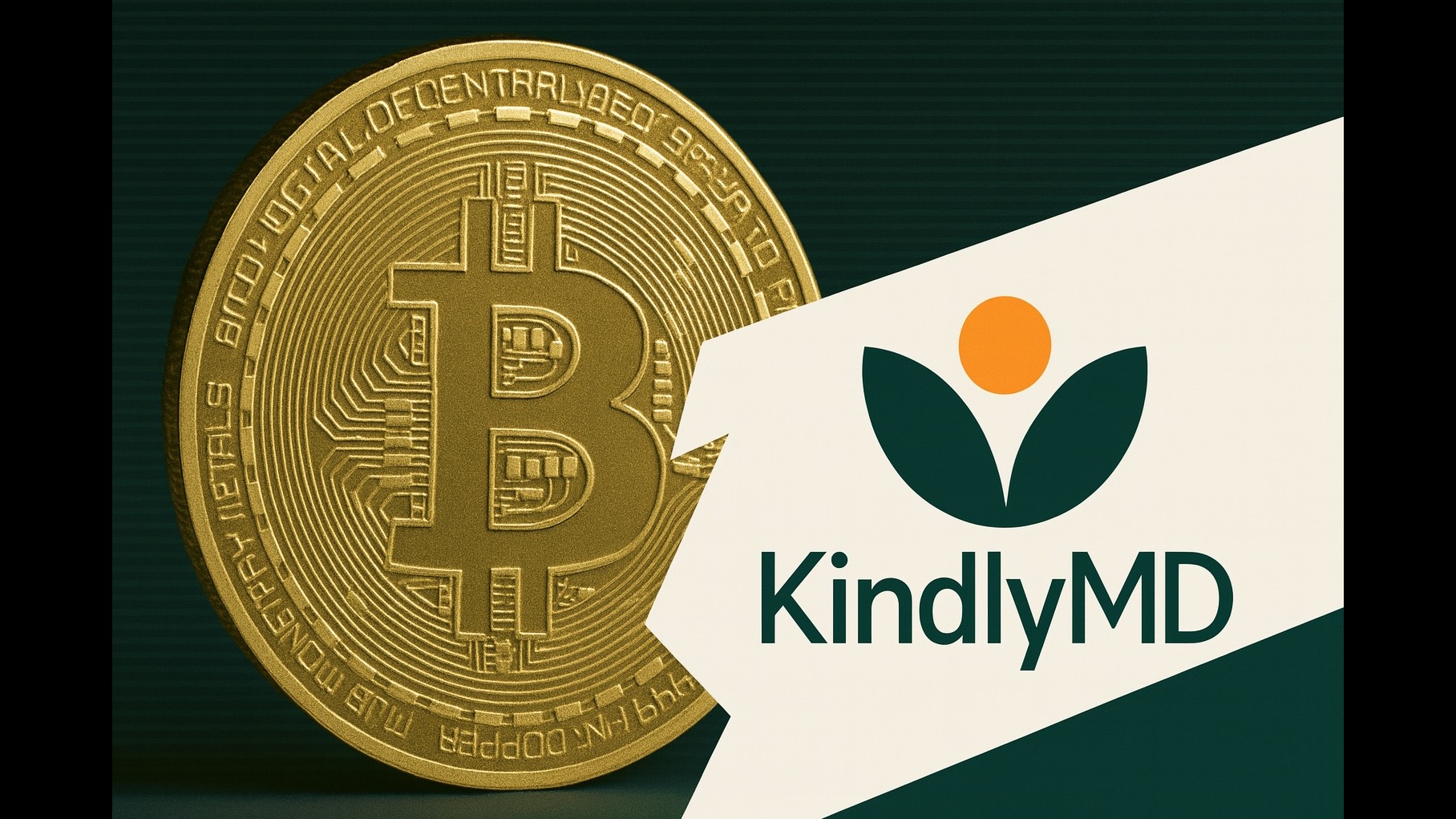 Financial theme with Bitcoin logos and merger text, cannabis banking.