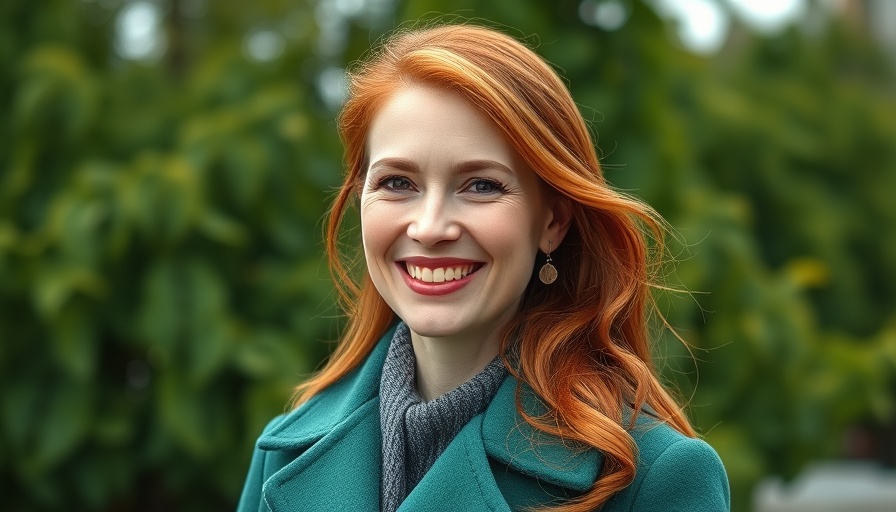 Woman with red hair smiles outdoors near greenery.