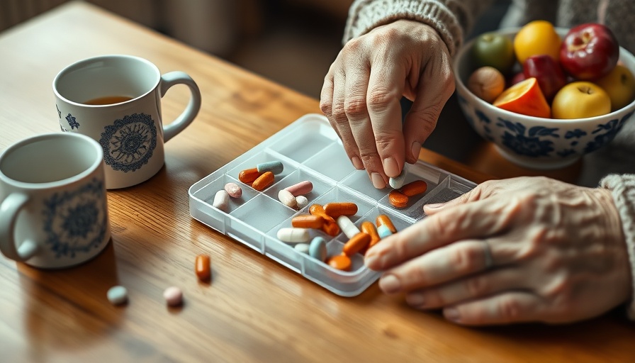 Older hands organizing pills in a weekly pill box with coffee and fruit.